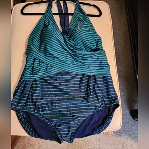 Women's 3X green and navy striped one piece swimsuit